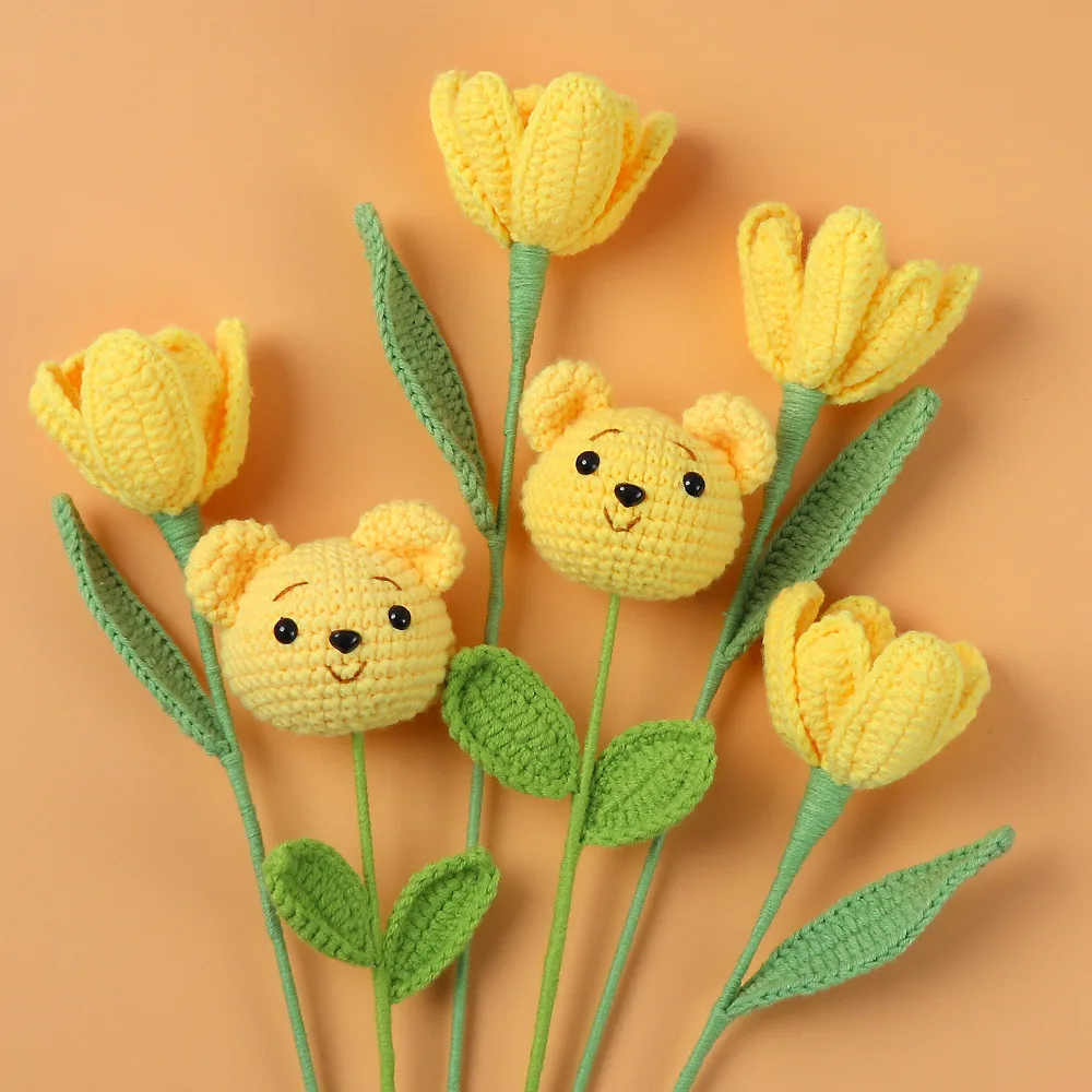 Handmade Knitted Artificial Bear Bouquet Flowers for Home Decor Colorful Tulip Flower for Vase Handmade Mother\'s Gift Wholesales