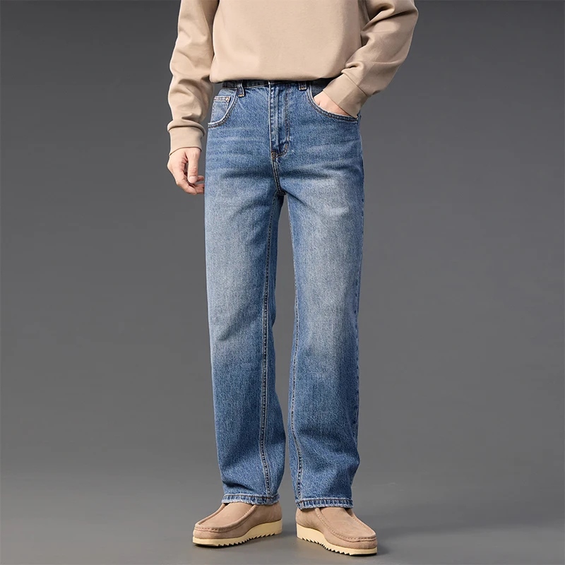 Elastic Denim Jeans Men Basic Style Business Casual Loose Vintage Fashion Cleanfit Straight Baggy Pants Jeans Man Trousers