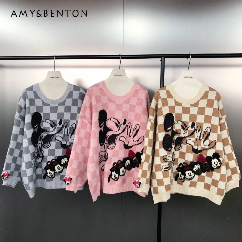 

American Retro Color-Block Plaid Knit Sweater Pullover Versatile Cartoon Jacquard Patch Personalized Fashion Crew Neck Knitwear