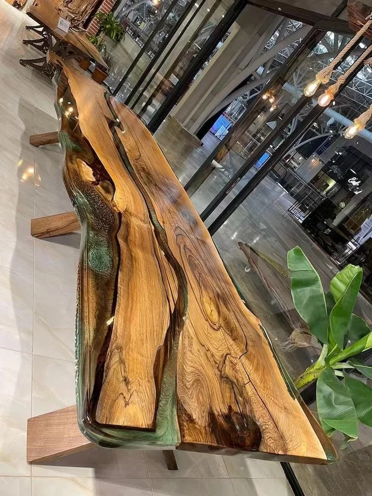 For Restaurant Solid Walnut Wood Kitchen Epoxy Resin Slab River Dining Table Top