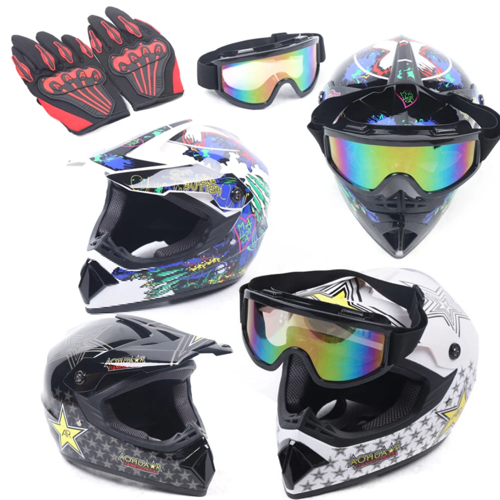 L Size Motorcycle Helmet Set DOT Standard Adult Full Face Helmet with Goggle & Gloves for Dirt Bike Off-Road Mountain ATV