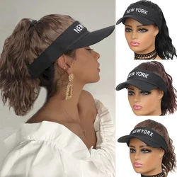 Synthetic 12inch Women's hat Water ripple wig hat with ponytail wig Hat with wig Lady's adjustable black baseball cap wig