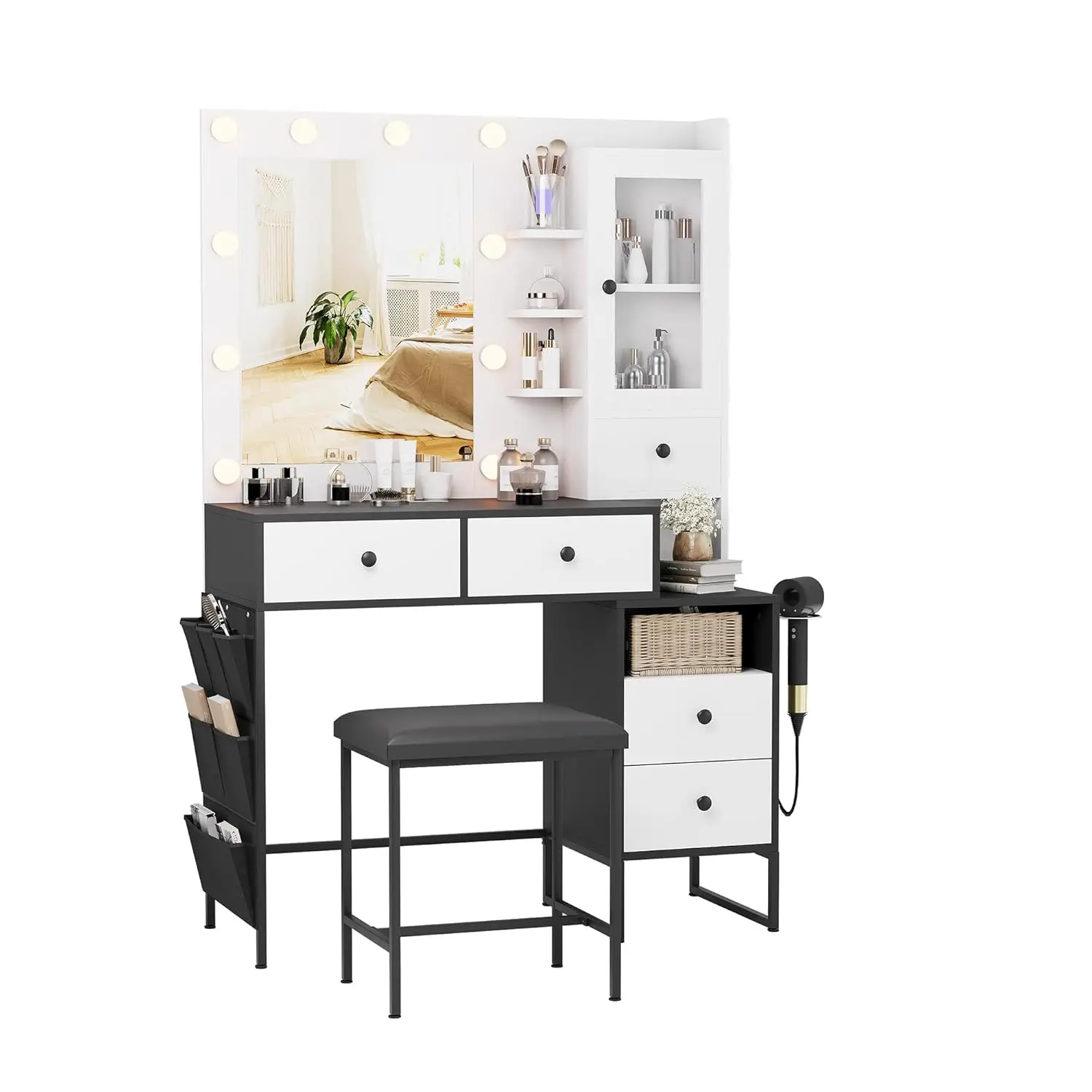 #Makeup Vanity Desk with Mirror & Lights,Large Drawers,Color Modes Bulb,Power Outlet,Round Holder,Bedroom