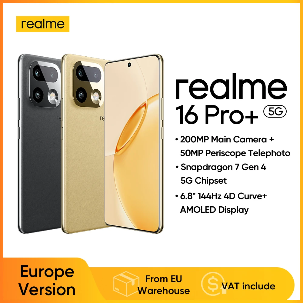 Smartphone déverrouillé Realme 16 Pro + 5G 8 + 256 Go Or, Écran AMOLED 144Hz, Batterie 7000mAh, Charge rapide SuperVOOC 80W, Caméra 50 + 200MP, Chipset MediaTek Dimensity 7300 Max, IP69 Impermeable