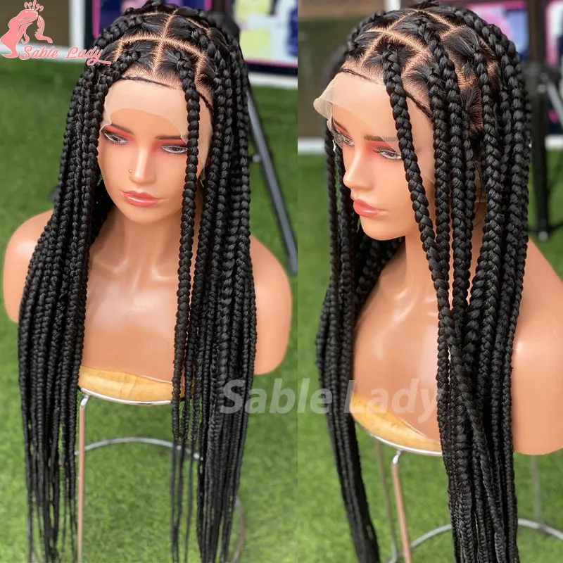 

36" Full Lace Braided Wigs Synthetic Jumbo Box Braids Lace Front Wigs Knotless Cornrows Braided Wigs Large Box Square Hair Wigs