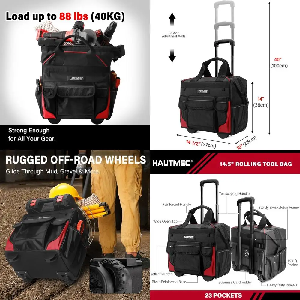 

Портативная сумка для инструментов на 25 отделений с большими колесами и телескопической ручкой, водостойкая ткань Оксфорд - HT0179