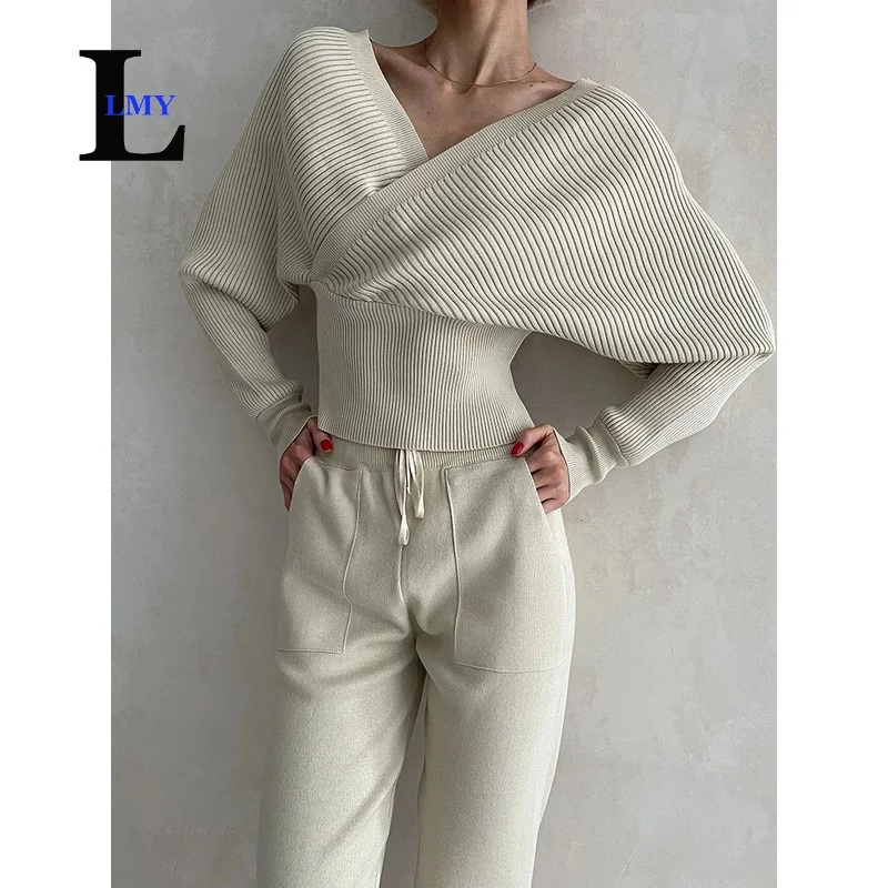 LMY Off Shoulder Knitted Sexy Two Piece Set Women Ribbed Knitted Backless Long Sleeve Tracksuit Sweater Pants Suits Knit 2 Piec