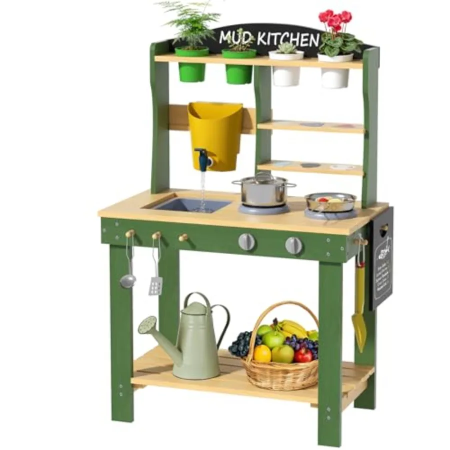 

Outdoor mud kitchen for kids: wooden pretend playset with real sink faucet, natural wood finish, Montessori-inspired sensory co
