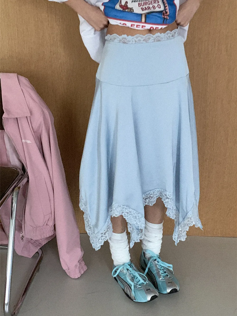 

Asymmetrical Lace Trim A-Line Midi Skirt High Waist Slimming Half-length Women's Fashion Design Splicing Construction