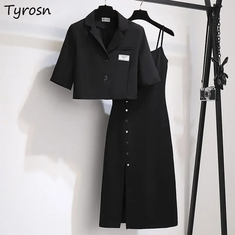 

Sets Women Black Single Breasted Notched Cropped Blazers Streetwear Temperament Design Side-slit Clothing Sleeveless Dress Femme
