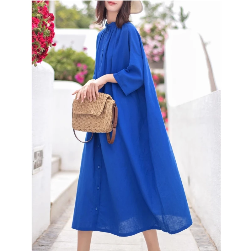 Ele coupe ample lin Dr minceur grande taille Vintage Sle t-shirt quart Sve Long Dr pour les femmes réduction de l'âge moyen