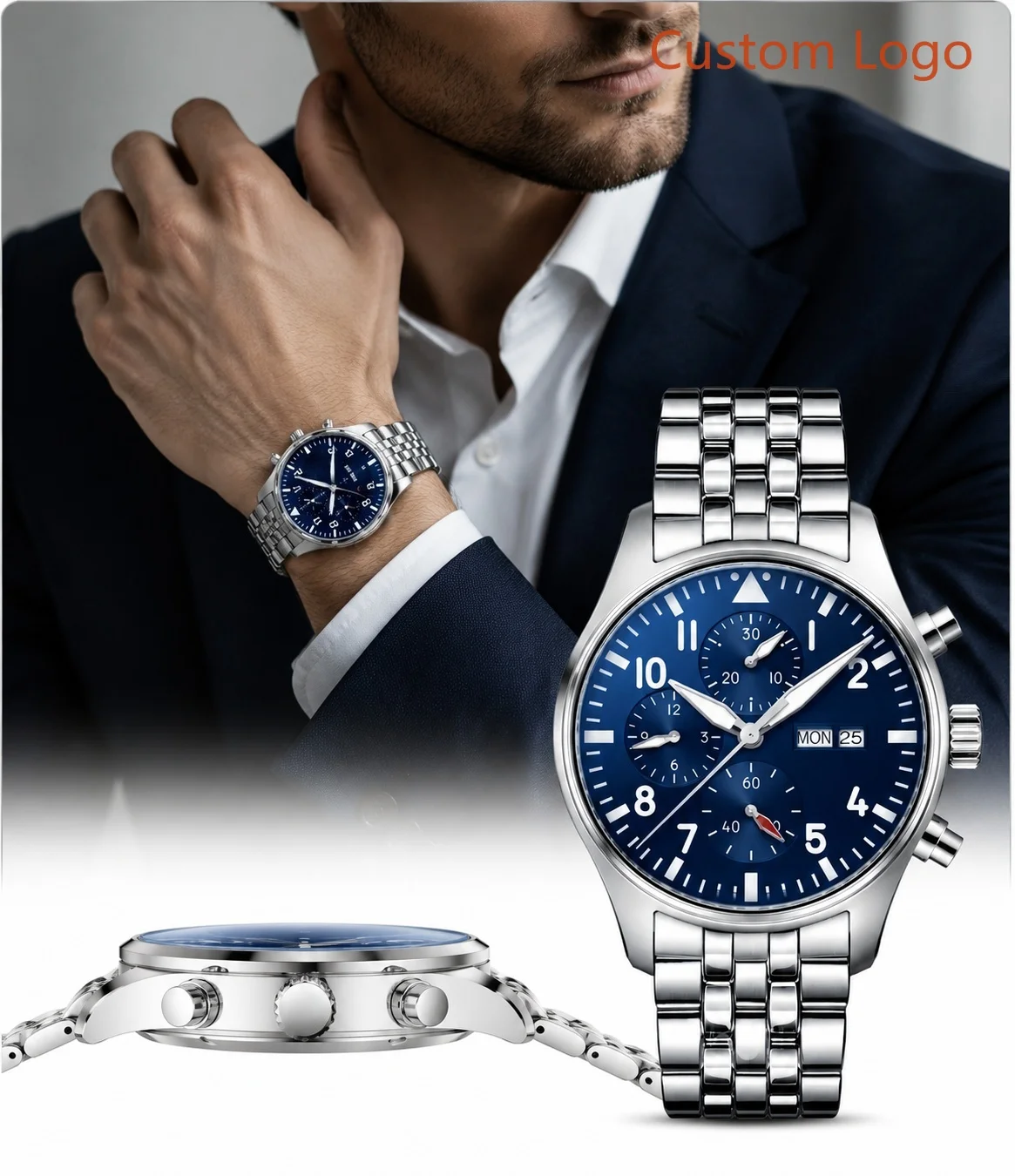 Montre-bracelet classique militaire pour homme 43 mm, boîtier en acier poli, chronomètre multifonction, fenêtre de calendrier, grande marque triangulaire, montres personnalisées pour homme
