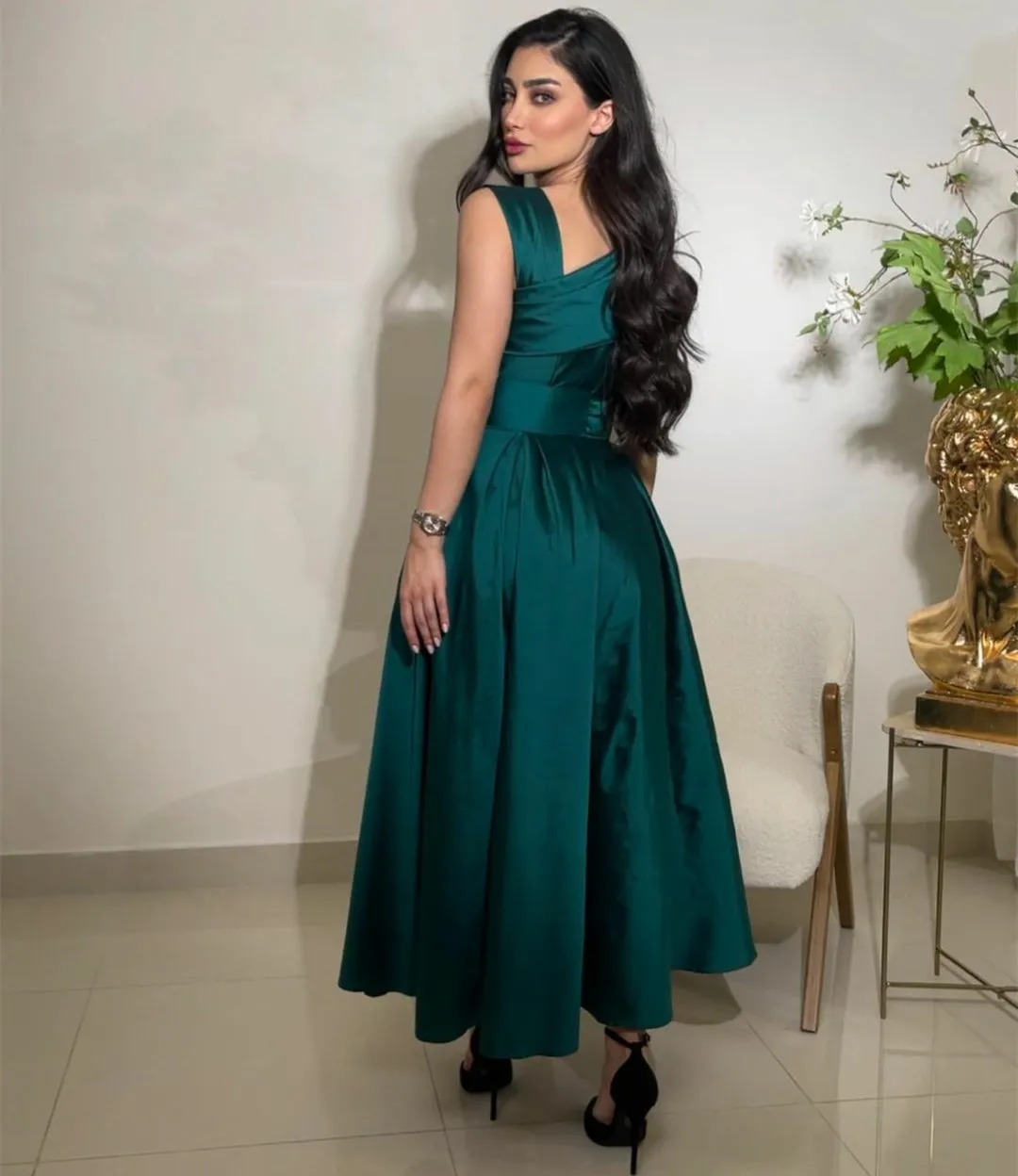 Retro Short Green Taffeta Evening Dresses With Pockets A-Line One Shoulder Ankle Length Wedding Guest Dress Prom Dress for Women