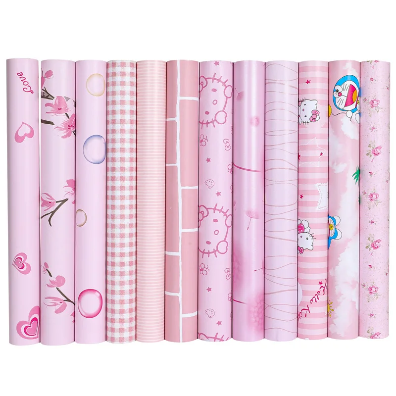 

10M Roll Pink Child Girl Adhesive Wallpaper Cute Waterproof Cartoon Wall Sticker Dormitory Renovation Bedroom Decor