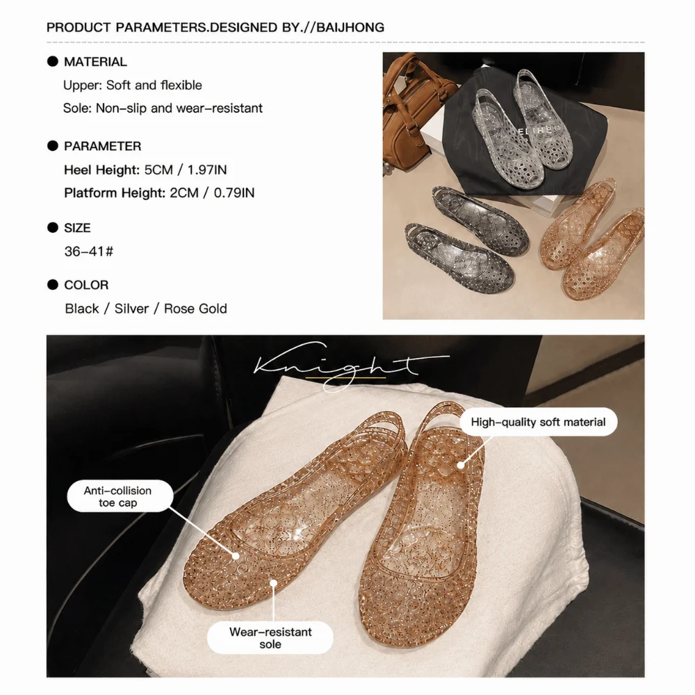 Crystal Transparent Sandals Footwear Breathable Hollow Fish Mouth Hollow Slip Shoe Closed Toe Light Flat Plastic Foot Gear view 5