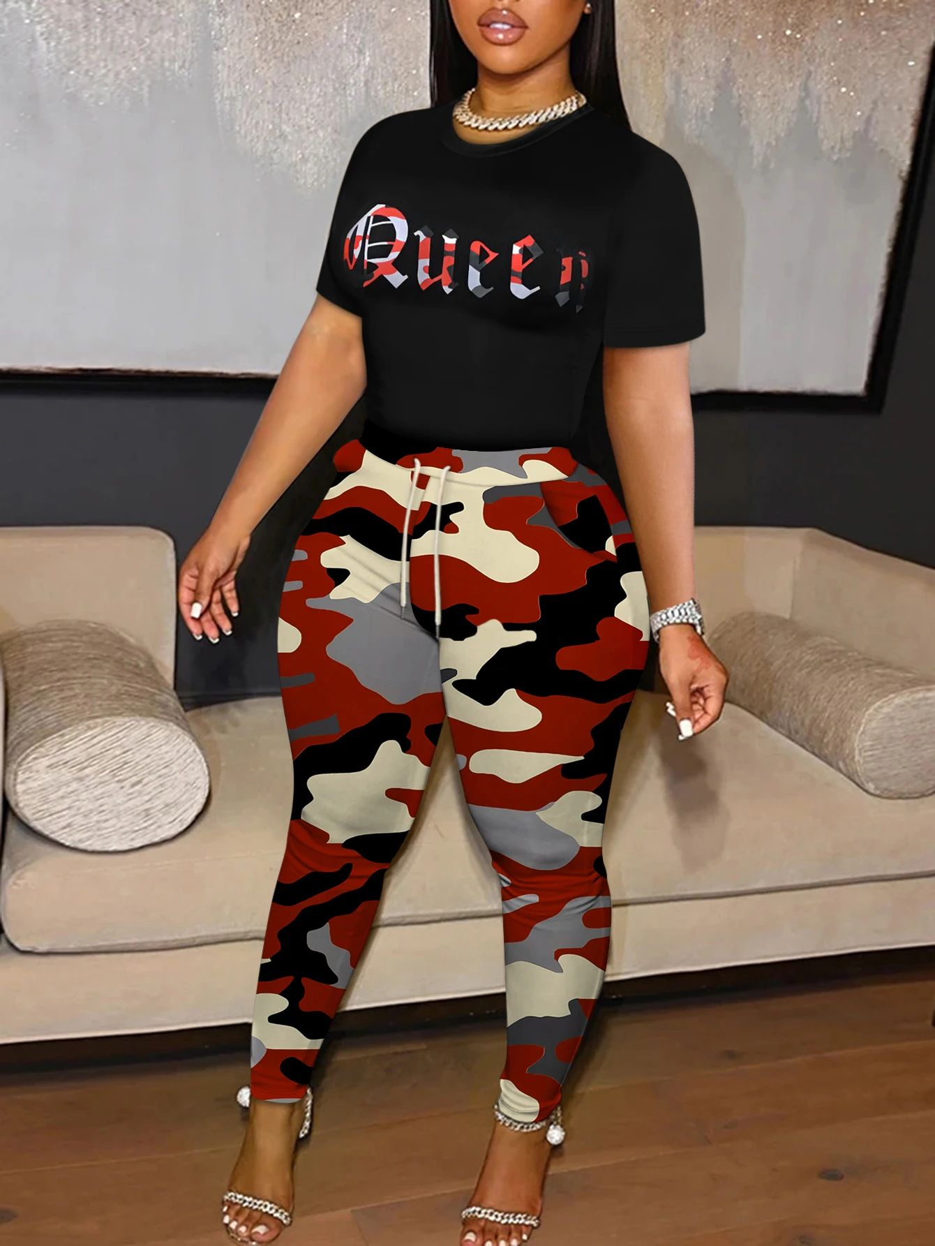 LW Plus Size 2Pcs pants set Camo Queen Letter Print Pants Set Women Casual Tracksuit Basic Slim Tee Shirt Skinny Flared Trousers