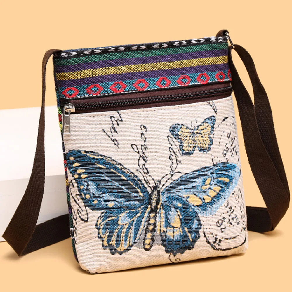 Women Small Canvas Embroidered Phone Shoulder Bag Retro Ethnic Style Travel Outdoor Messenger Crossbody Bag Commuter Package