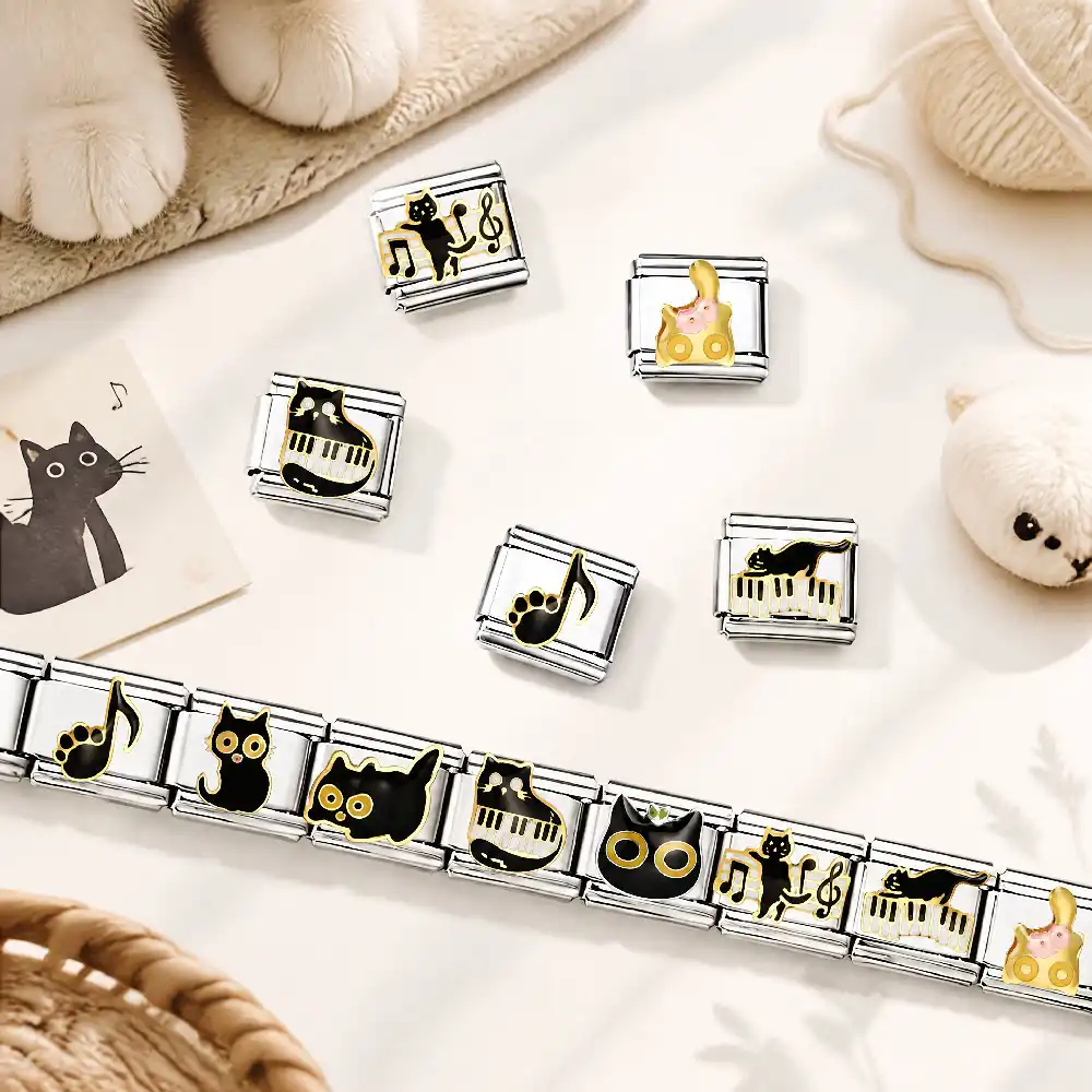 Hochwertiges Armband mit Klaviermuster, Musik- und Katzenmotiven für Damen und Herren, zum Selbermachen, passend für 9-mm-Edelstahl-Perlen und -Charms, italienischer Schmuck – Detail 4
