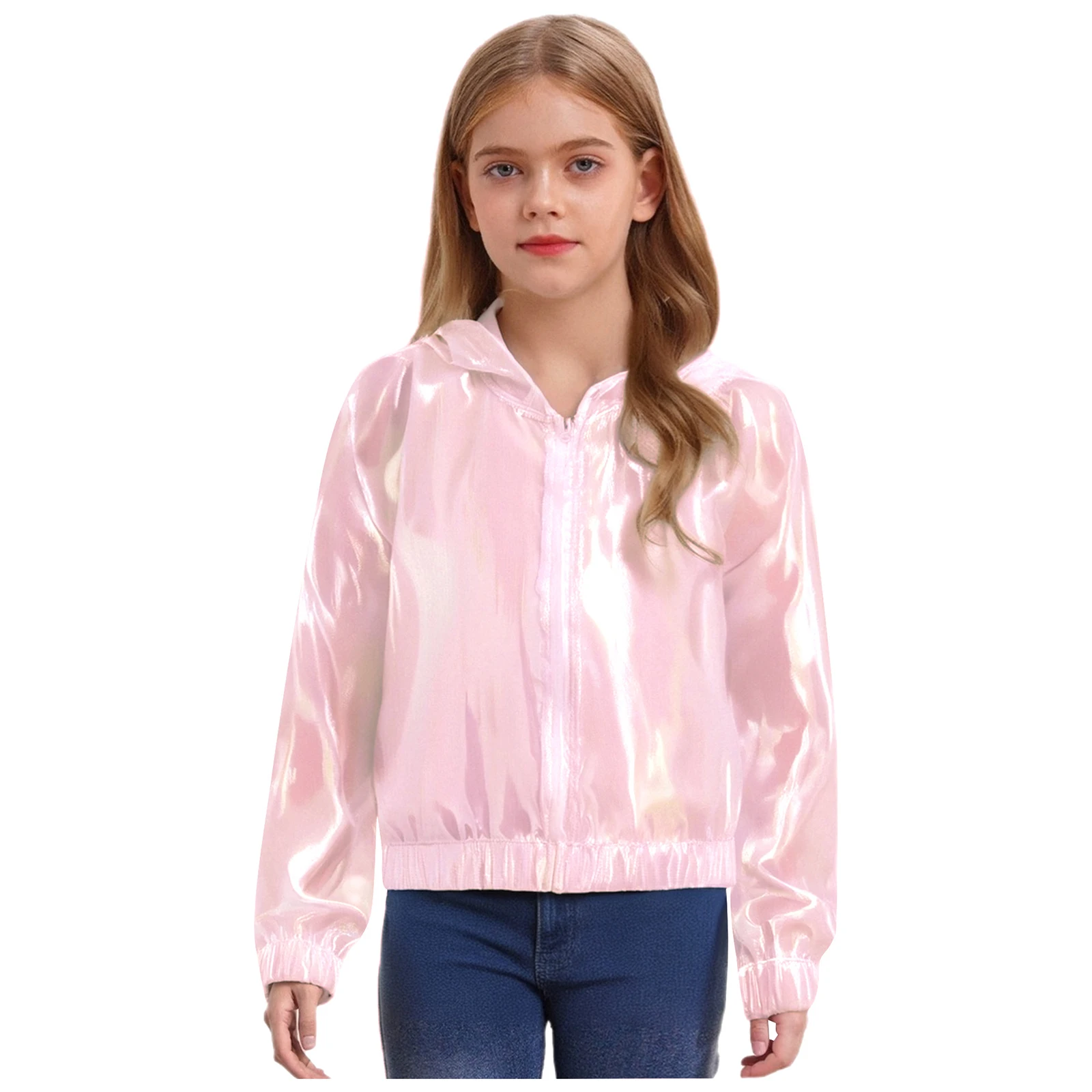 

Kids Girls Sun Protective Clothing Shimmery See-Through Jacket Outwear Long Sleeve Zipper Hooded Coat Fashion Thin Light Jacket