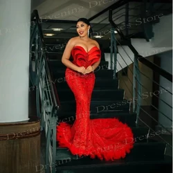 African Red Elegant Mermaid Modern Evening Dresses Sweetheart Sleeveless Customized Prom Gowns Beaded Feathers Vestidos De Noche