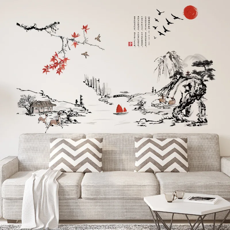 Chinese style removable TV sofa background waterproof wall sticker