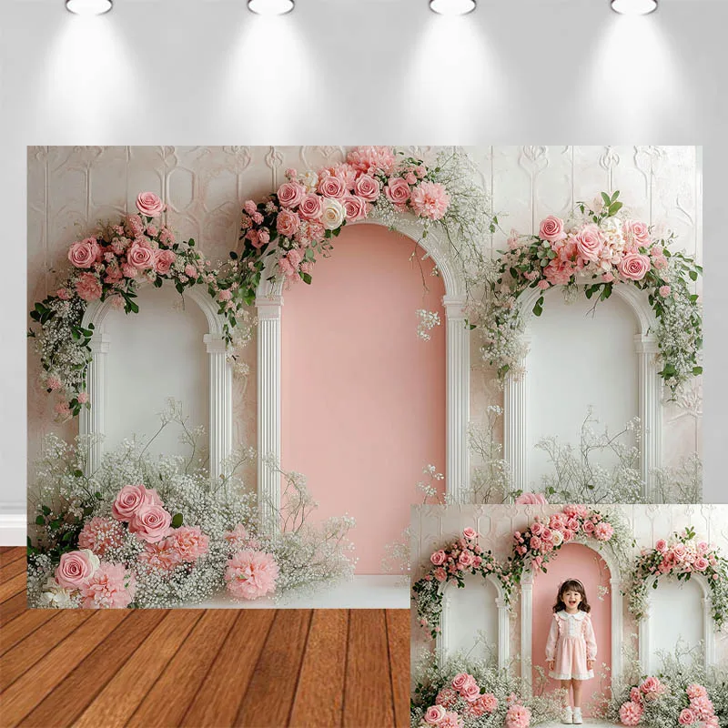 

LS Photography Backdrop White Arch Flower Pink Wall Decor Birthday Wedding Adult Kids Portrait Photo Background Studio