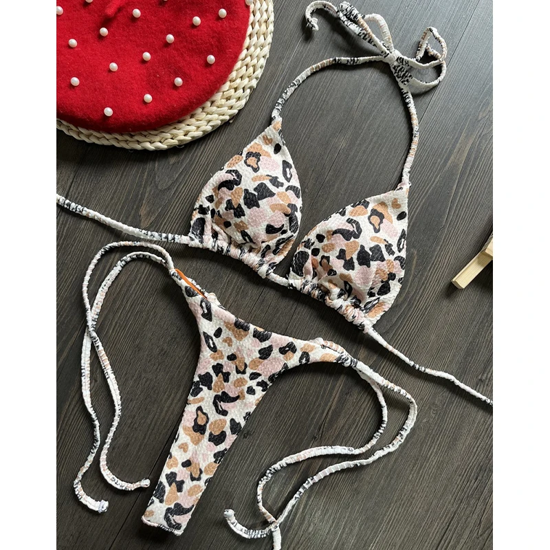 Para Praia Thong Swimsuit Women Halter Micro Bikini Set 2024 Cherry Print Swimwear Biquini Brazilian Bathing Suit Beachwear