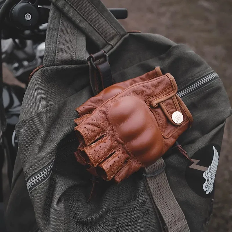 Vintage Real Cowhide Half Finger Motorcycle Gloves for Men Summer Thin Breathable Anti-fall Wear Resistant Motocross Scooter