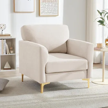 Image 500LBS Oversized Chair, Accent Chair in Upholstered Linen Fabric,Living Room Chairs Large Reading Arm Chair with Gold Metal Legs