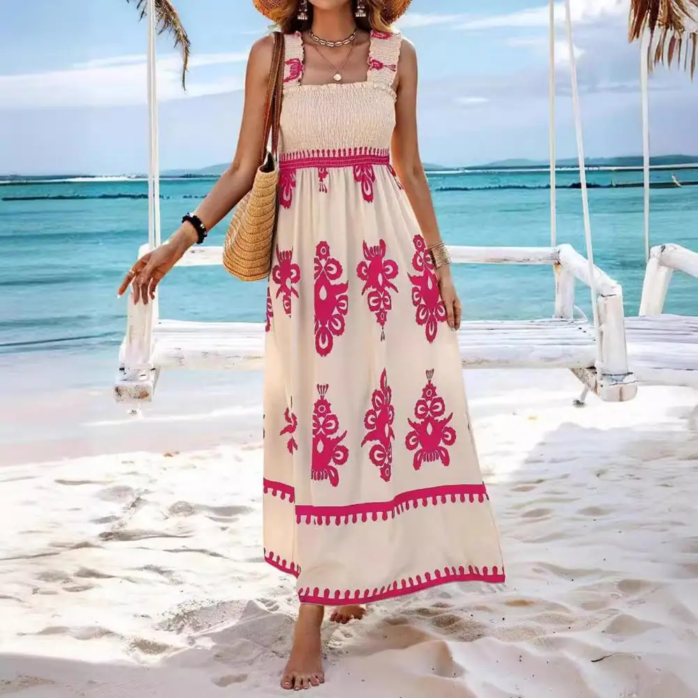 

Summer Beach Dress Elastic Bust Sleeveless Shirring Lady Sundress Contrast Color Backless A-line Big Hem Pleated Vacation Dress