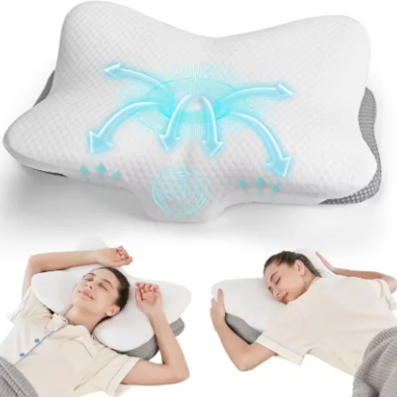 Ergonomisches Memory-Foam-Nackenkissen zur Linderung von Nackenschmerzen, Bezug mit Doppelhöhenunterstützung für alle Schlafpositionen