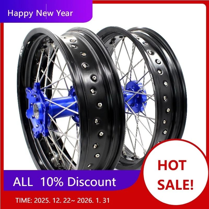 

【2025】 Мотоциклетные 17-дюймовые колеса Supermoto, набор дисков из сплава, подходит для YAMAHA WR250X 2007-2022, синяя ступица с ЧПУ, черный обод
