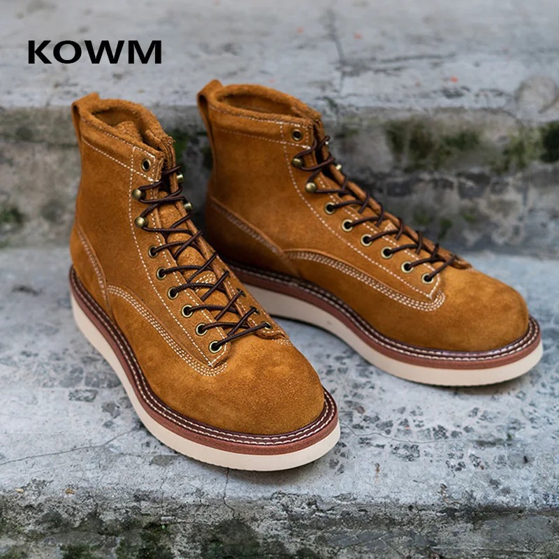 

KOWM Hiking shoes men's cowhide boots British trekking shoes thick soled ankle sneakers cowhide high top motorcycle travel boots