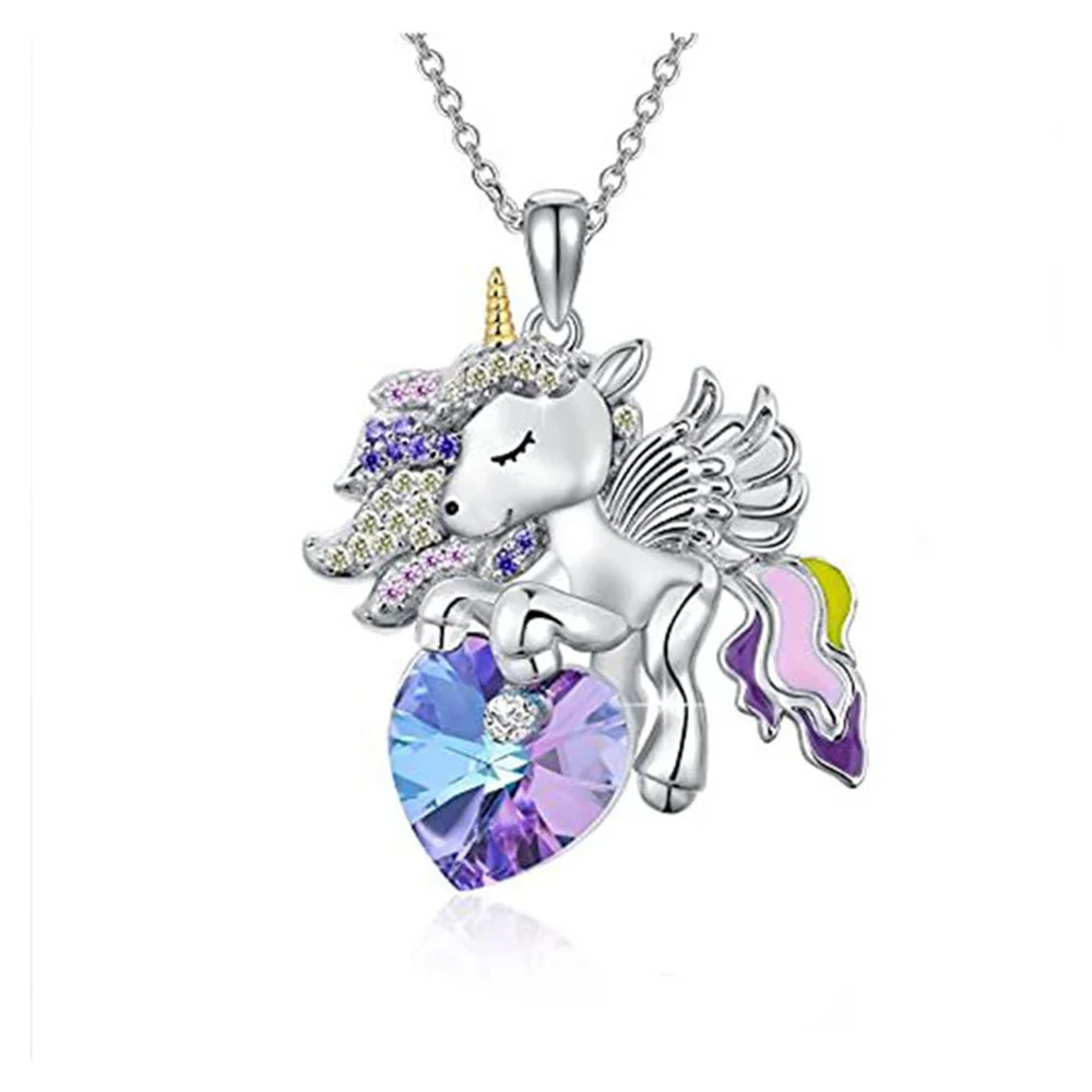 Unicorn Angel Love Pendant Necklace in Engraved Cartoon Style with Colored Rhinestone