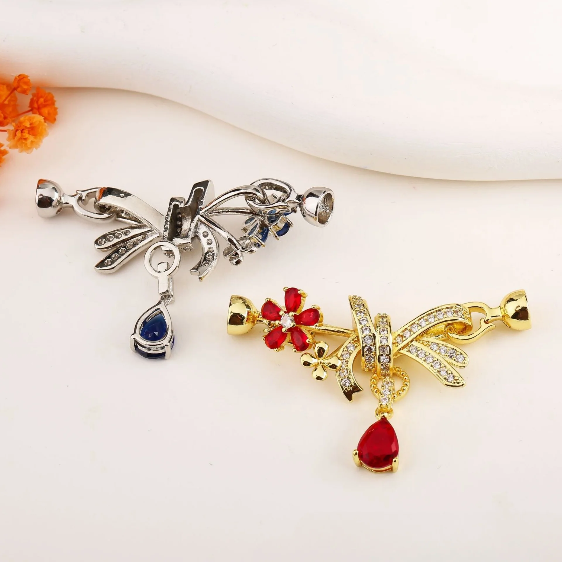 18K Gold-Plated Brass Jewellery Connector Cubic Zircon Ribbon Fastening Lock Deluxe DIY Necklace and Bracelet Making Accessories