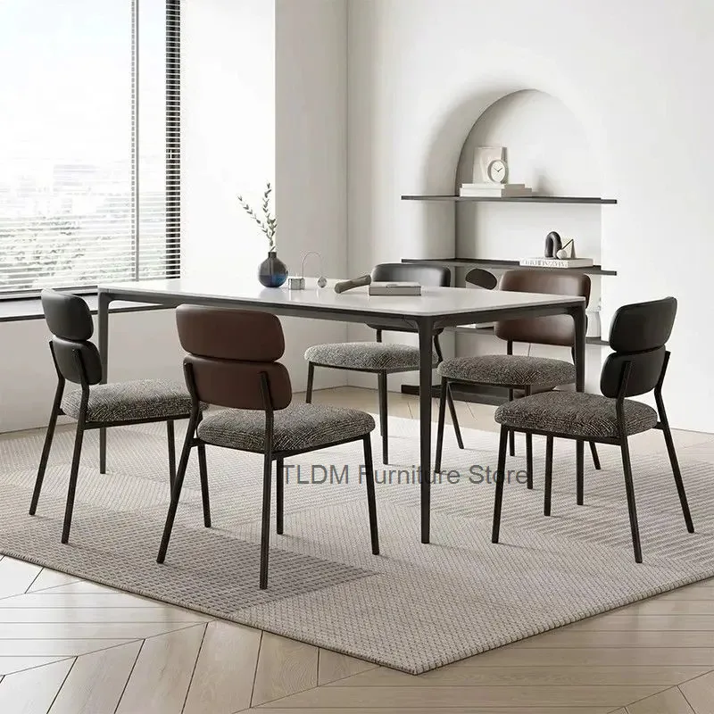 Modern Padded Back Dining Chair, Mixed Textured Fabric Round Cushioned Seat Minimal Armless Leisure Side Stool for Kitchen