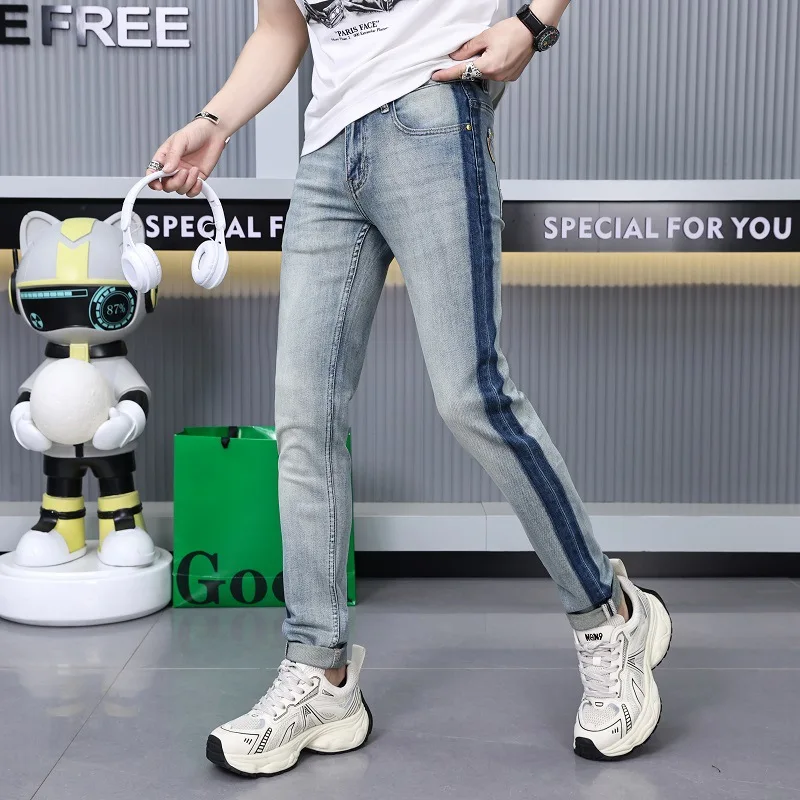 

Summer jeans men's striped print design fashion street fashion Korean slim stretch casual ankle banded pants