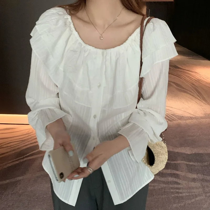 

New Korean Style Shirt for Women's Summer Clothes for Women's Korean Style Design Niche One-shoulder Chiffon Shirt