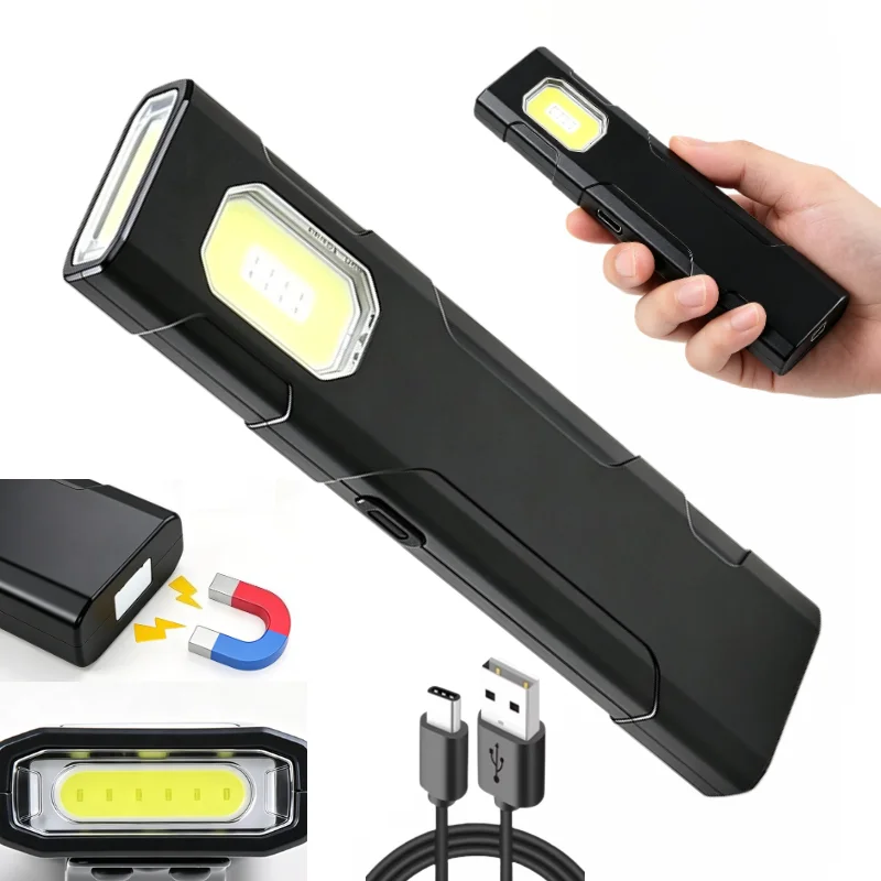 Portable Flat EDC COB Flashlight Type‑C Rechargeable Torch Built‑in Magnet and Pen Clip for Daily Inspection Outdoor Emergency