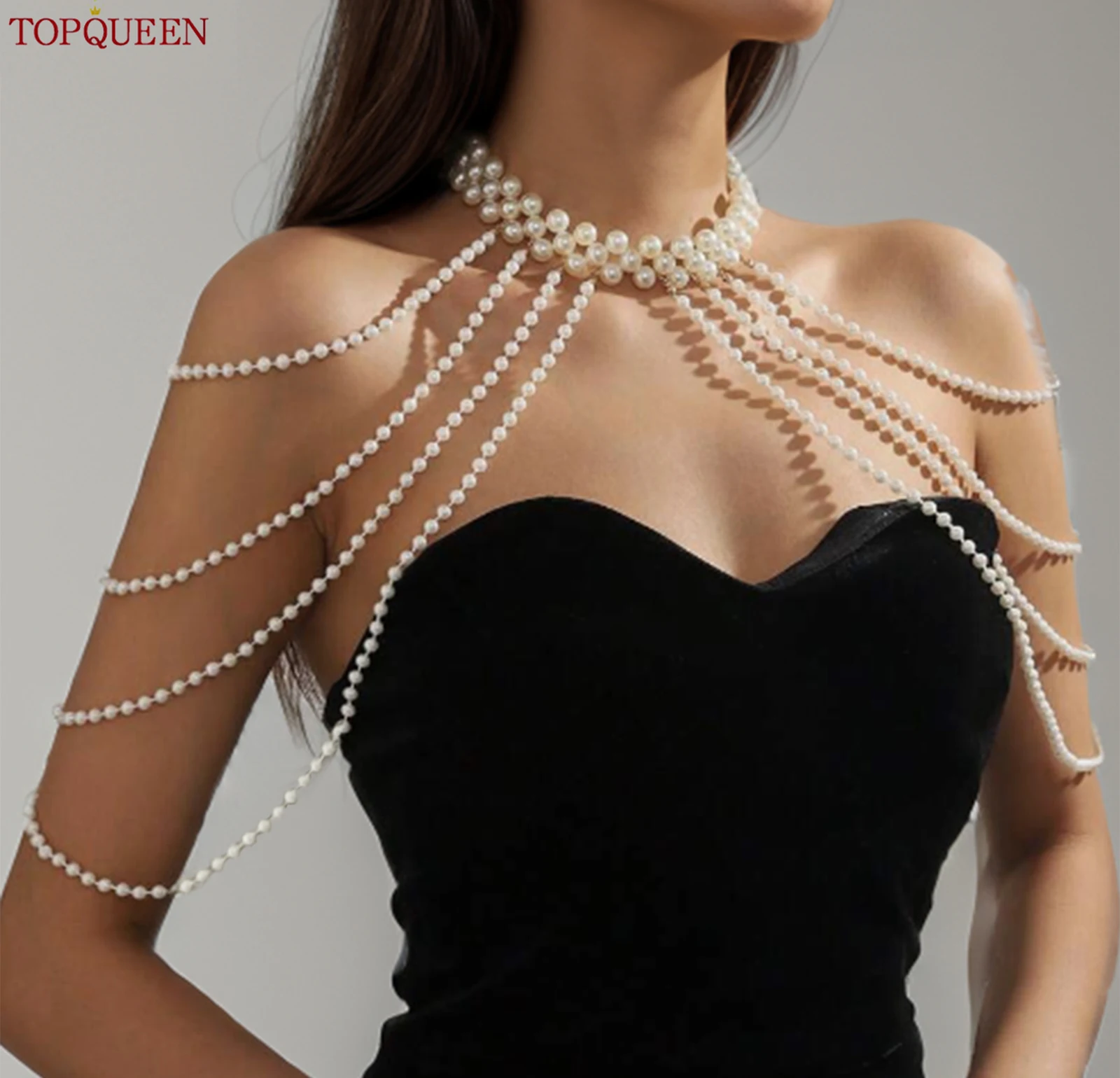 TOPQUEEN Vintage Faux Pearl Tassel Shoulder Chain Bikini Top Beach Sheath and Party Dress Accessories Adjustable Length SG62