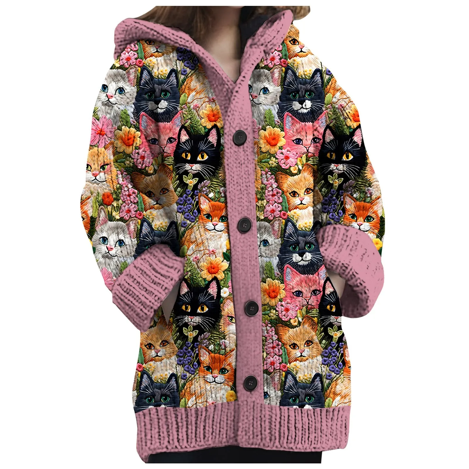 Knitted Sweater Cardigan Cat Print O-neck Long Sleeve Jumpers Warm Fashion Women Casual Cardigan Autumn Winter Sweater