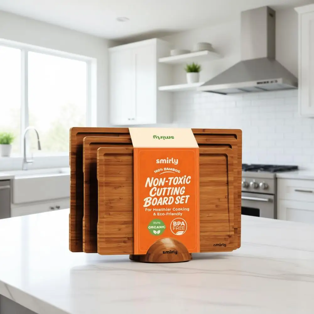 

Reversible Bamboo Chopping Board Set with Deep Juice Groove and Grip Handles, Large Charcuterie Tray, 3-Piece with Holder