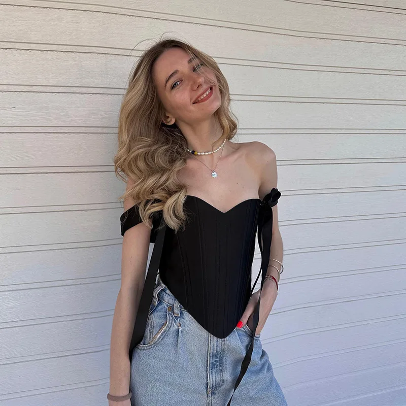 

Bow Straps Tops Women Corset Camisole Sexy Sleeveless Fishbone Crop Tops Y2K Slim Fit Shaper Vest 2025 Summer Clothing Tank Top