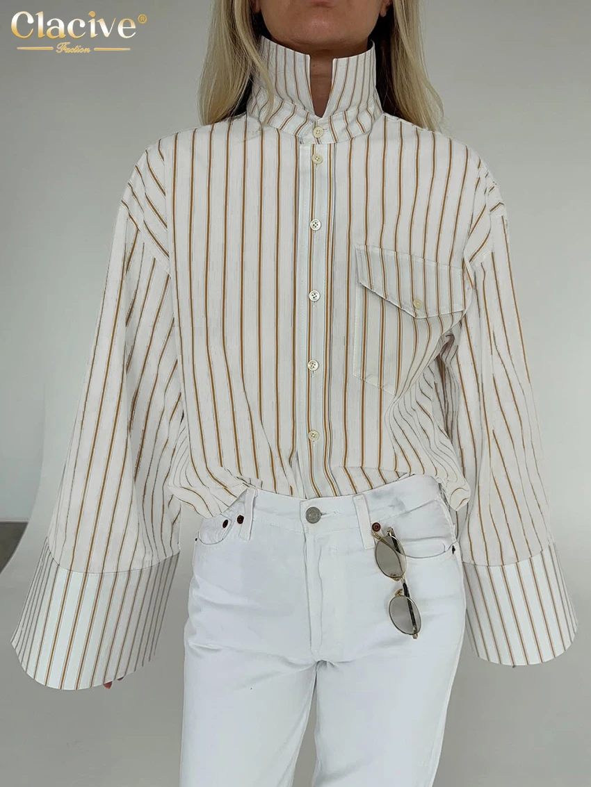 Clacive موضة فضفاض شريط طباعة قميص نسائي 2026 التلبيب عادية كم طويل بلوزة حريمي أنيقة الكلاسيكية ملابس نسائية #1