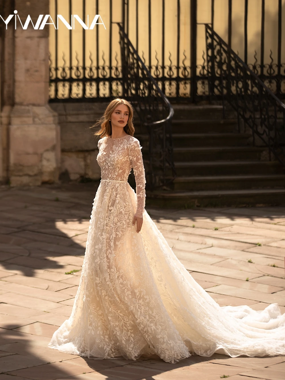 

Charming Sequined Lace Appliques Wedding Dress Modest Oneck Long Sleeve Bridal Gown Customized Graceful Dresses For Bride