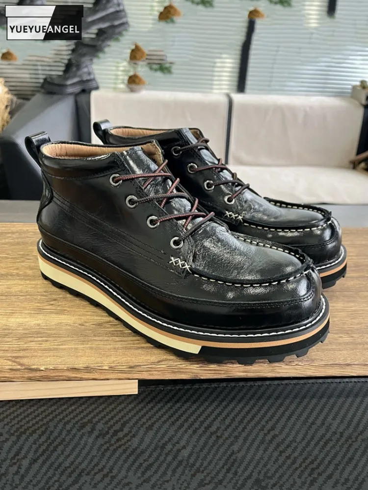 Mens Vintage British Style Ankle Boots Cowhide Genuine Leather Spliced Lace Up High Top Male Work Safety Shoes Motorcycle Riding