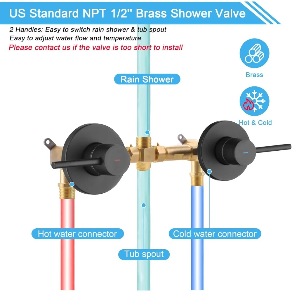 マットブラックの壁掛け式二ハンドルシャワー水栓セット（浴槽用注ぎ口付き）