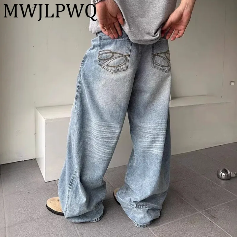 MWJLPWQ ذكر غسلها القط شعيرات خمر جيب مطرزة الجينز الأمريكية للجنسين عادية مستقيم واسعة الساق السراويل الطويلة 12021