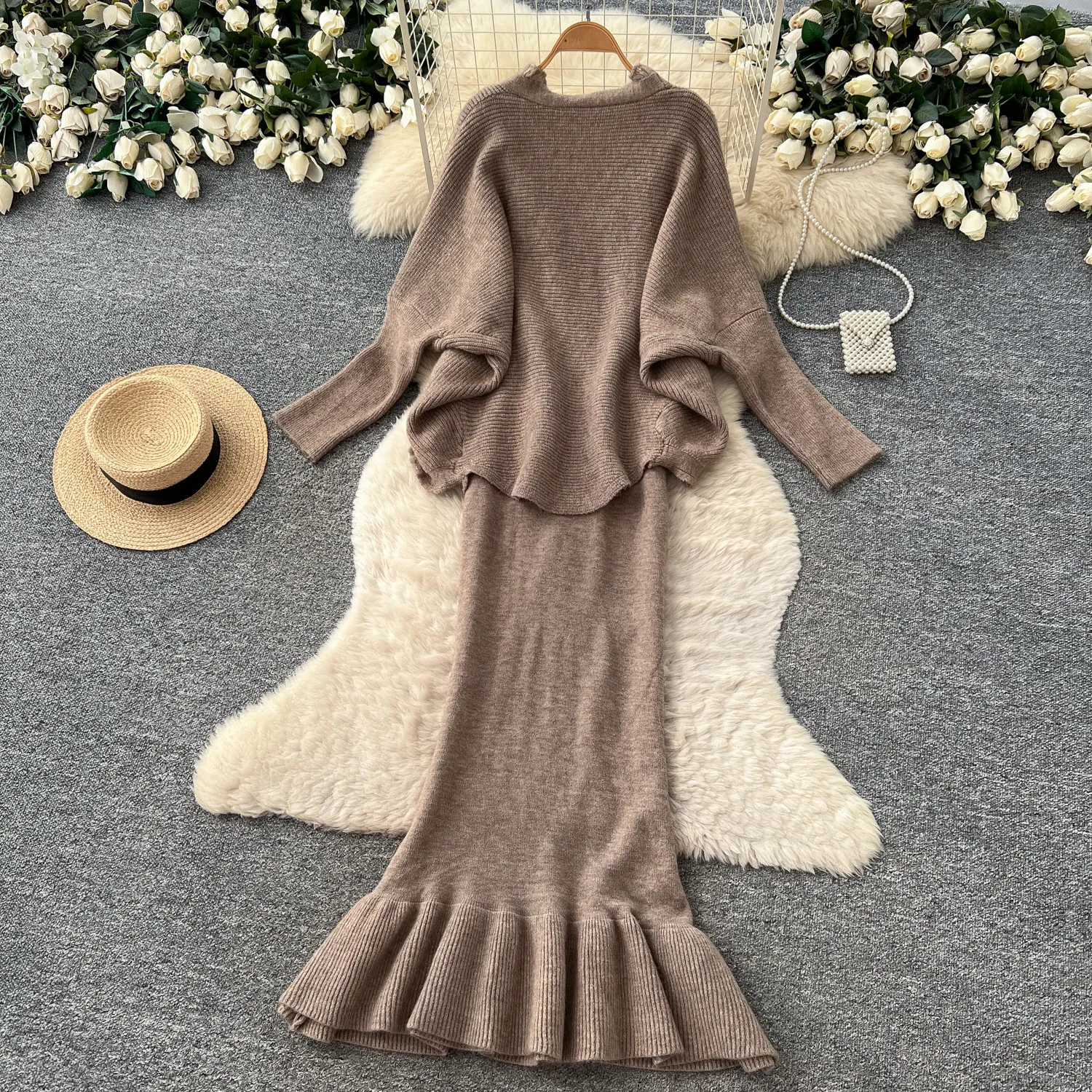 Knit Ruched  Two‑Piece Set Lantern Cardigan  Women Camisole Mermaid  Dress  Autumn Loose Outfit Elegant Versatile Suit