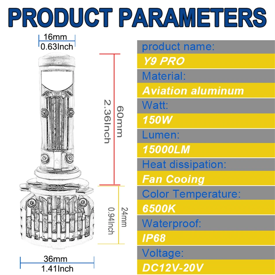 Y9 Pro Mini Headlights Bulb LED Canbus Auto H7 Fog Lamps Projector Lens H8 H9 H11 9005 9006 Car Hi/Lo Beam Light 120W 6000K